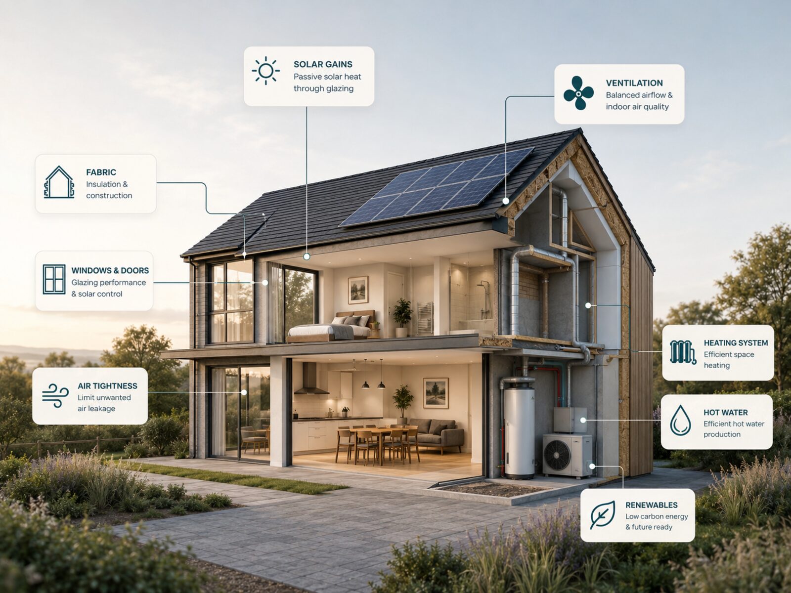 Cutaway illustration of a house showing the elements a SAP calculation covers: fabric insulation, windows and doors, air tightness, solar gains, ventilation, heating, hot water and renewables